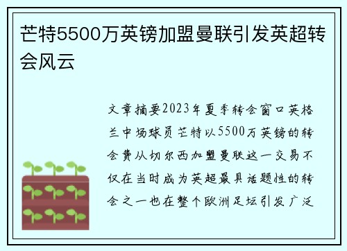 芒特5500万英镑加盟曼联引发英超转会风云