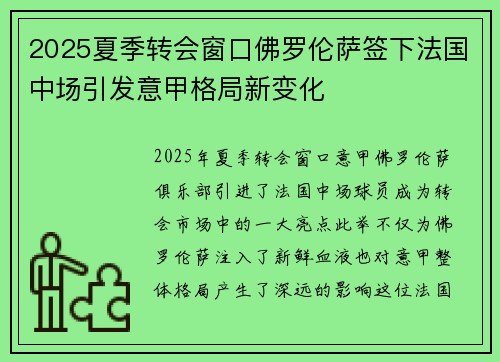 2025夏季转会窗口佛罗伦萨签下法国中场引发意甲格局新变化